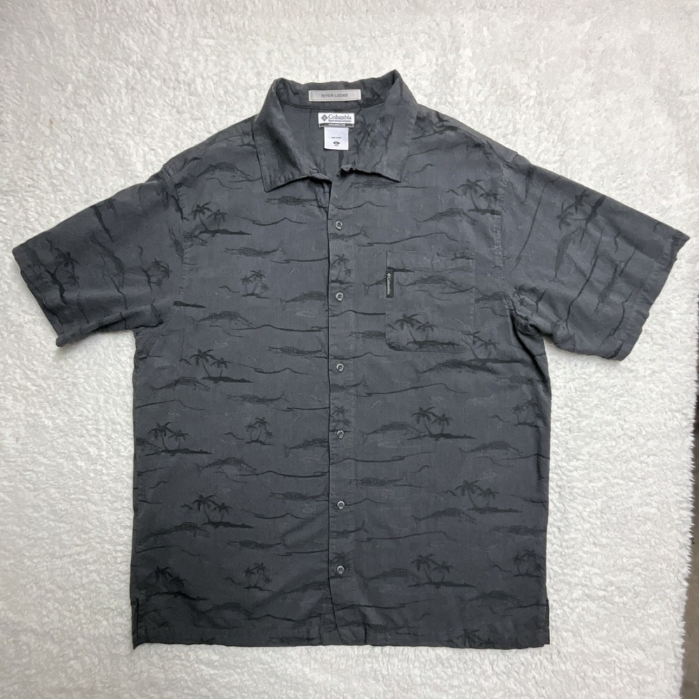 Columbia Men's River Lodge Gray Fish Print Short Sleeve Button-Up Shirt XL - Picture 1 of 7